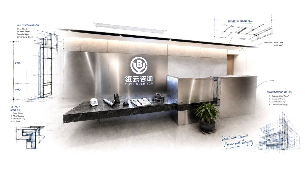 瓴云办公室前台概念化场景图，融合空间、图纸剖析与工程查勘元素